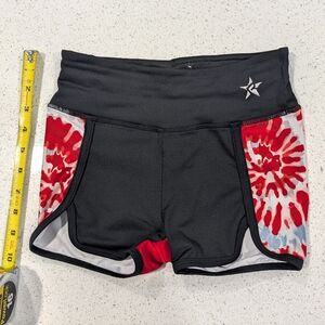 CUTE Cheer Rebel Athletics Cheerleading Black Red TieDye SWIRL SHORTS YM Medium